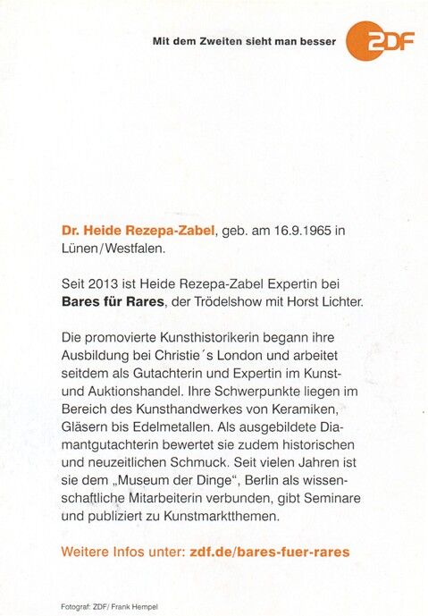 Autogramm TV | ZDF | Heide REZEPA-ZABEL | 2020er "Bares Für Rares" (Portrait Color Hempel)
