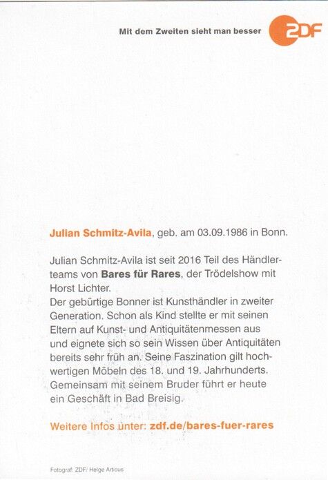 Autogramm TV | ZDF | Julian SCHMITZ-AVILA | 2020er "Bares Für Rares" (Portrait Color Articus)