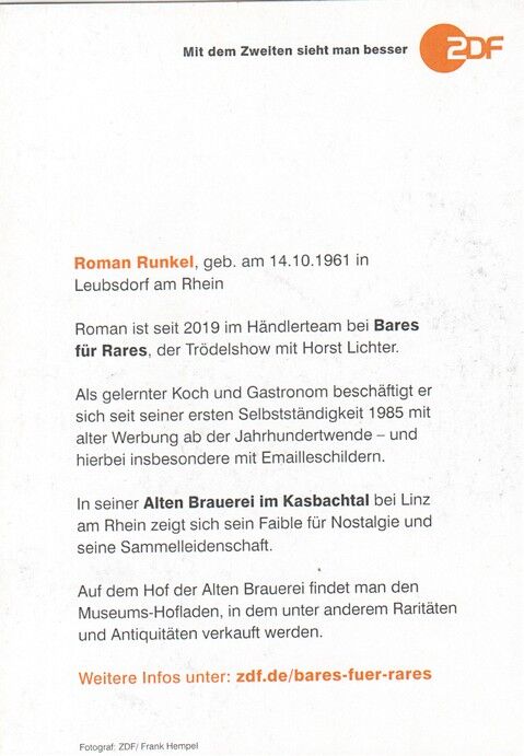 Autogramm TV | ZDF | Roman RUNKEL | 2020er "Bares Für Rares" (Portrait Color Hempel)