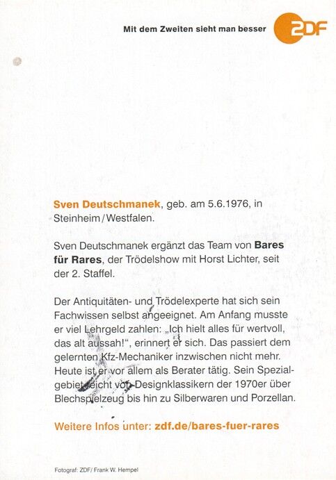 Autogramm TV | ZDF | Sven DEUTSCHMANEK | 2020er "Bares Für Rares" (Portrait Color Hempel) 1