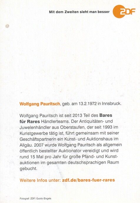Autogramm TV | ZDF | Wolfgang PAURITSCH | 2020er "Bares Für Rares" (Portrait Color Engels)