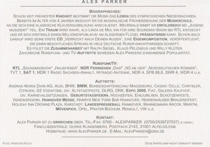 Autogramm Schlager | Alex PARKER | 2000er (Portrait Color Koch)