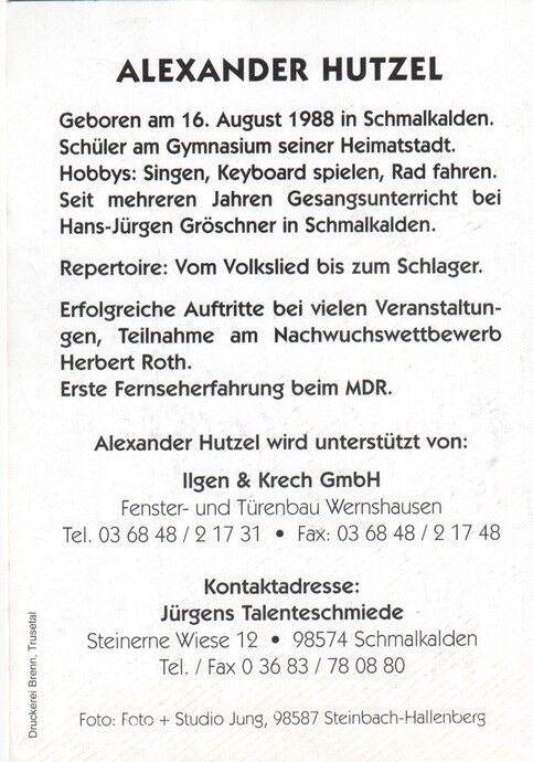 Autogramm Volksmusik | ALEXANDER Hutzel | 1990er (Portrait Color Jung) KINDERSTAR