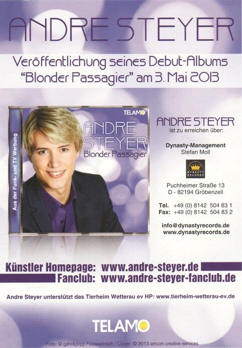 Autogramm Schlager | Andre STEYER | 2013 "Blonder Passagier" (Portrait Color Telamo)
