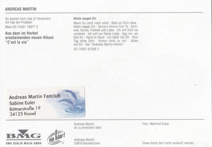Autogramm Schlager | Andreas MARTIN | 2000 "C´est La Vie" (Portrait Color BMG)
