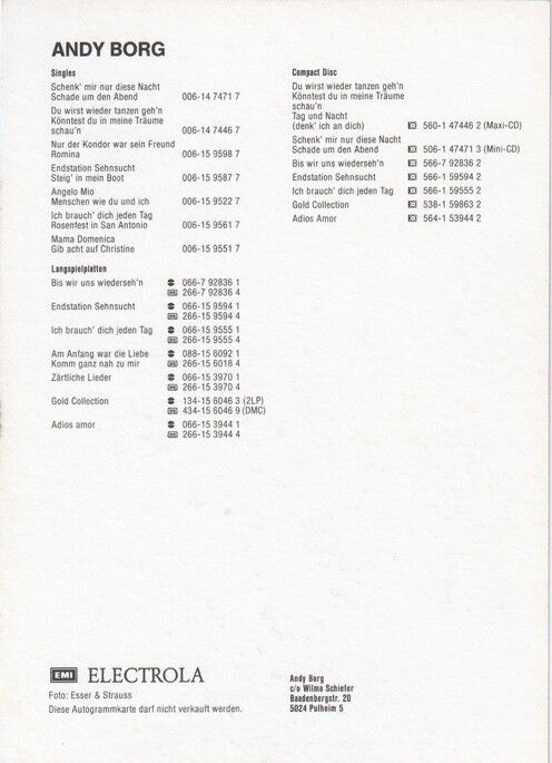 Autogramm Schlager | Andy BORG | 1990er (Portrait Color EMI Diskografie)