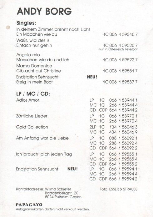 Autogramm Schlager | Andy BORG | 1988 "Endstation Sehnsucht" (Portrait Color Papagayo)