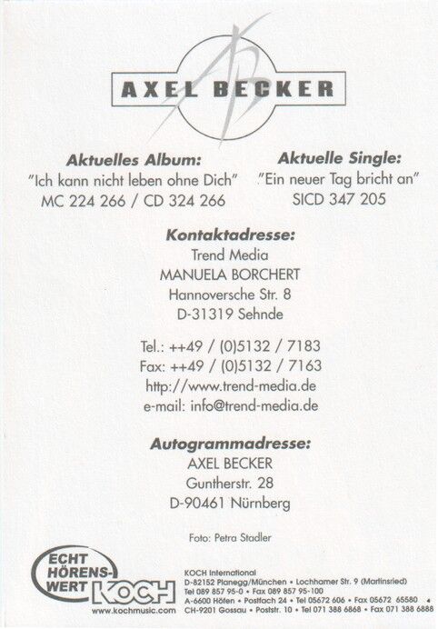 Autogramm Schlager | Axel BECKER | 1999 "Ich Kann Nicht Leben" (Portrait Color Koch)