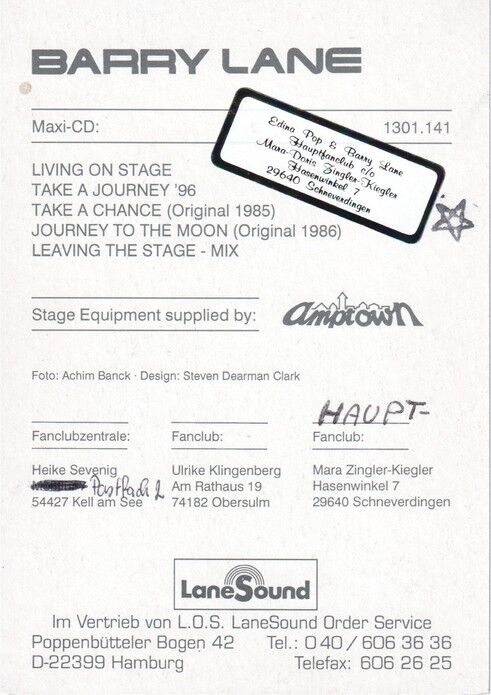 Autogramm Schlager | Barry LANE | 1996 "Living On Stage" (Portrait Color LOS)