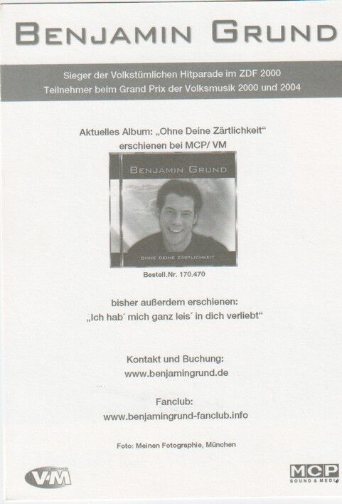 Autogramm Schlager | Benjamin GRUND | 2008 "Ohne Deine Zärtlichkeit" (Portrait Color MCP)