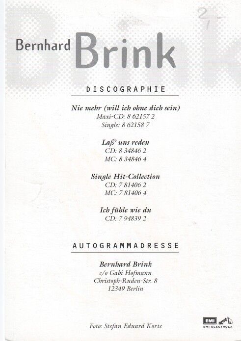 Autogramm Schlager | Bernhard BRINK | 1997 "Nie Mehr" (Portrait Color EMI)