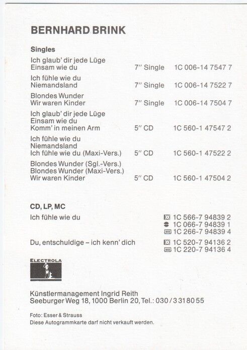 Autogramm Schlager | Bernhard BRINK | 1990 "Ich Fühle Wie Du" (Portrait Color EMI)