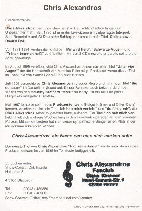 Autogramm Schlager | Chris ALEXANDROS | 1990er (Portrait SW)