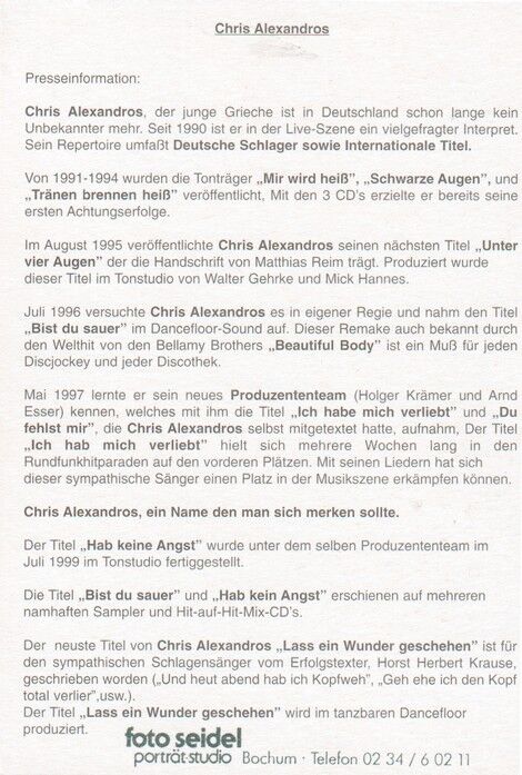 Autogramm Schlager | Chris ALEXANDROS | 1990er (Portrait SW Seidel)