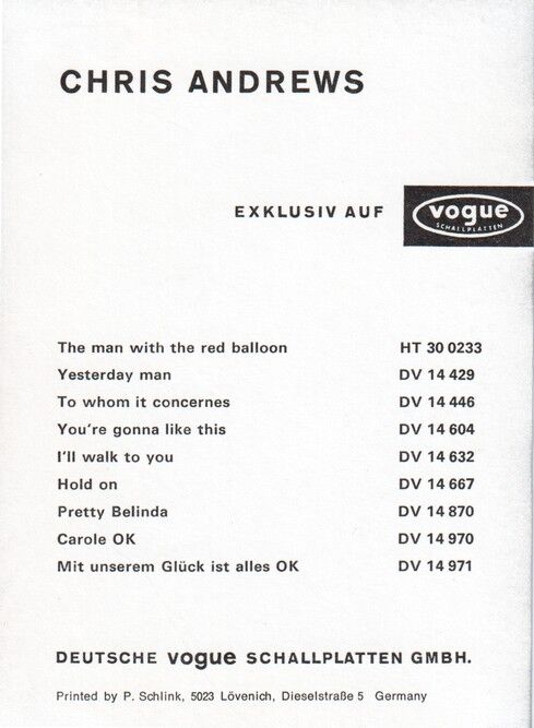 Autogramm Pop | Chris ANDREWS | 1969 "Mit Unserem Glück" (Portrait SW Vogue)