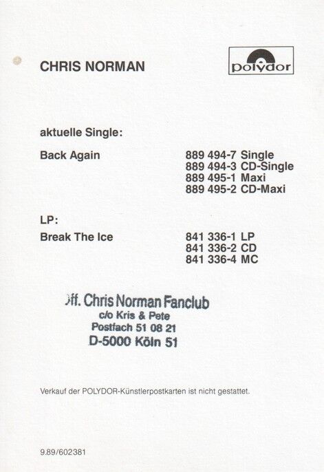 AK Rock | Chris NORMAN | 1989 "Break The Ice" (Portrait Color Polydor)