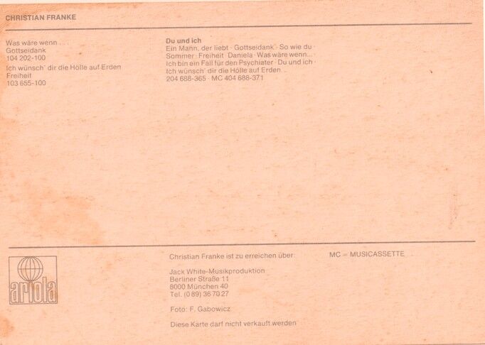Autogramm Schlager | Christian FRANKE | 1982 "Du Und Ich" (Portrait Color Ariola)