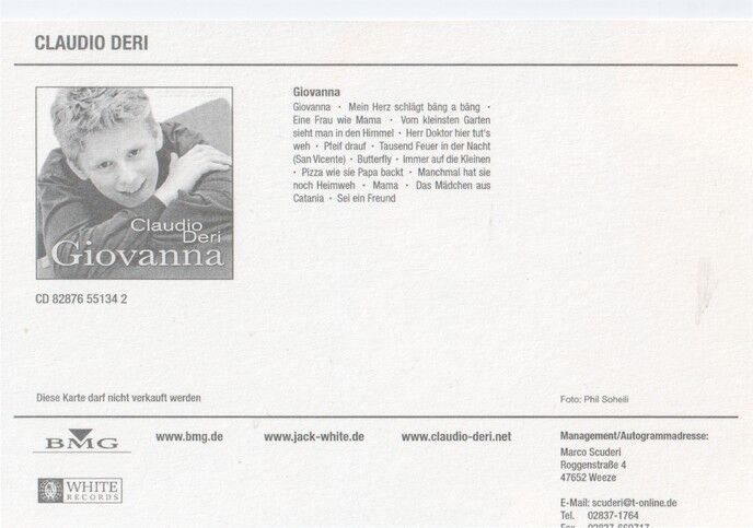 Autogramm Schlager | Claudio DERI | 2003 "Giovanna" (Portrait Color BMG) KINDERSTAR