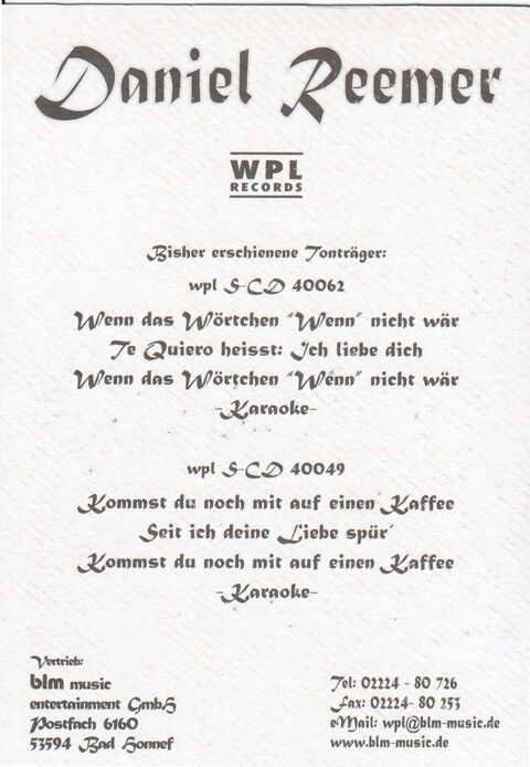 Autogramm Schlager | Daniel REEMER | 2001 "Wenn Das Wörtchen" (Portrait Color WPL)