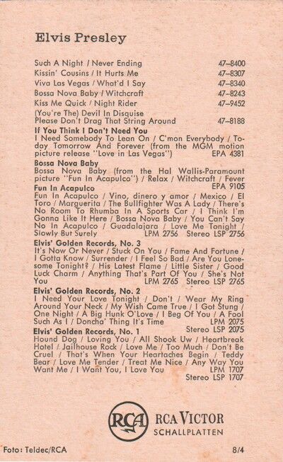 Autogramm Rock (USA) | Elvis PRESLEY | 1960er Druck (Portrait SW RCA) Diskografie