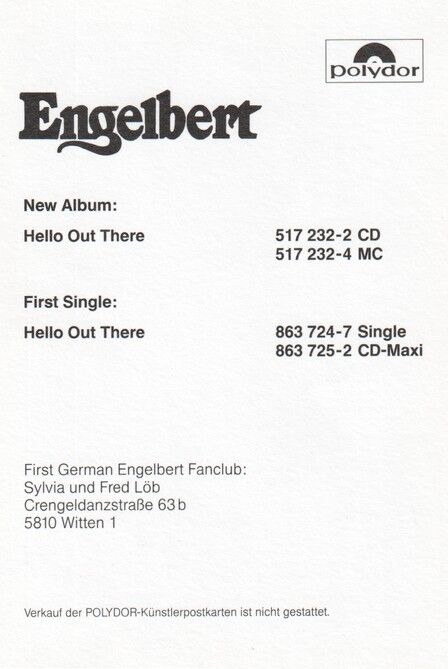 Autogramm Pop (UK) | ENGELBERT | 1992 Druck "Hello Out There" (Portrait Color Polydor)