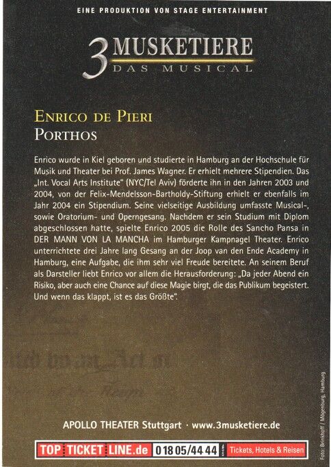 Autogramm Musical | Enrico DE PIERI | 2010er "3 Musketiere" (Bühnenszene Color)
