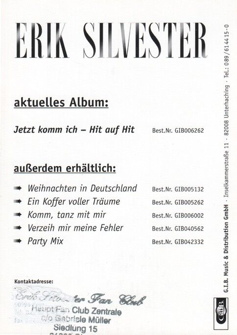 Autogramm Schlager | Erik SILVESTER | 2001 "Jetzt Komm Ich" (Portrait Color GIB)