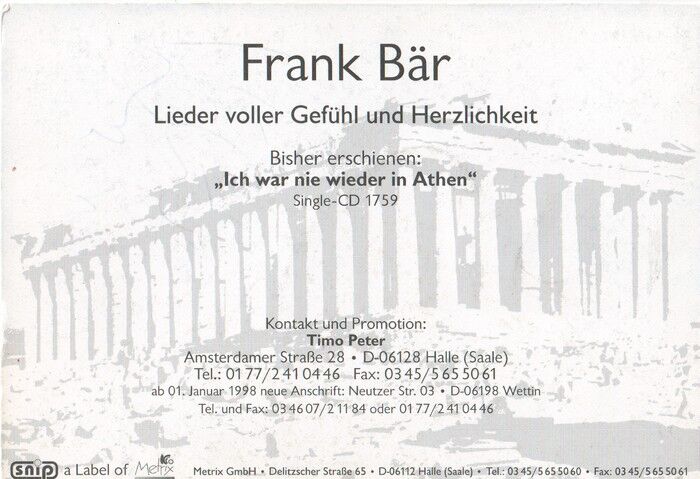 Autogramm Schlager | Frank BÄR | 1997 "Nie Wieder Athen" (Portrait Color Metrix)