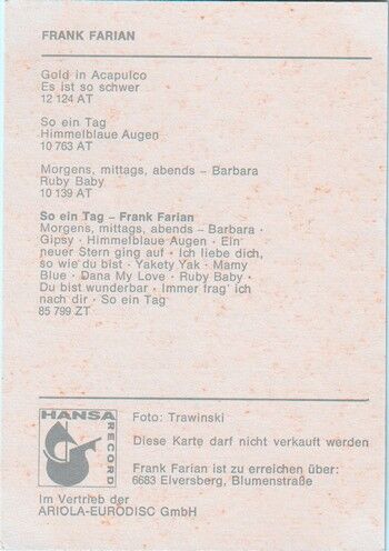 Autogramm Pop | Frank FARIAN | 1972 "Gold In Acapulco" (Portrait Color Hansa)