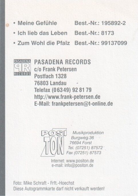 Autogramm Schlager | Frank PETERSEN | 1998 "Zum Wohl Die Pfalz" (Portrait Color Positon)