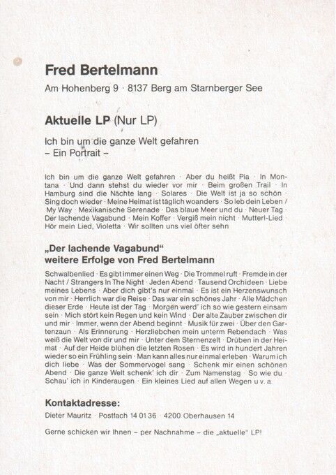 Autogramm Schlager | Fred BERTELMANN | 1981 "Um Die Ganze Welt" (Portrait Color) 2