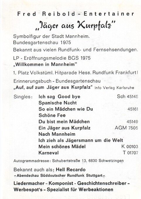Autogramm Schlager | Fred REIBOLD | 1975 "Jäger Aus Kurpfalz" (Portrait SW)