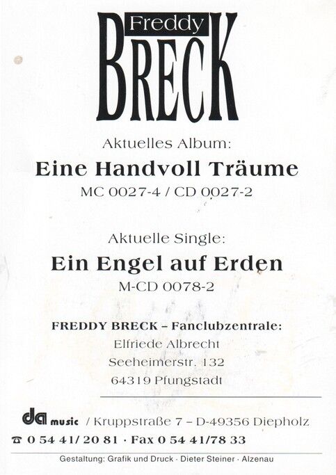 Autogramm Schlager | Freddy BRECK | 1994 "Ein Engel Auf Erden" (Portrait Color DA)