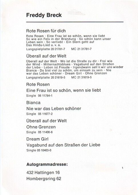 Autogramm Schlager | Freddy BRECK | 1973 "Rote Rosen Für Dich" (Portrait Color BASF)