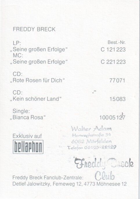 Autogramm Schlager | Freddy BRECK | 1988 "Bianca Rosa" (Portrait Color Bellaphon)