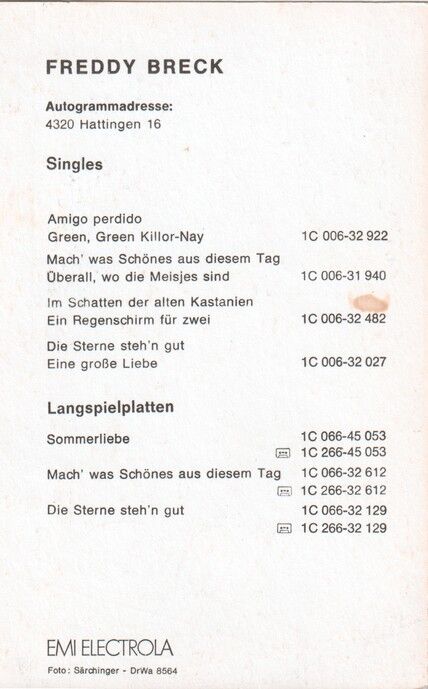 Autogramm Schlager | Freddy BRECK | 1978 "Amigo Perdido" (Portrait Color EMI)