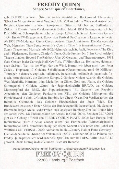 Autogramm Schlager | Freddy QUINN | 2000er (Portrait Color) Lebenslauf