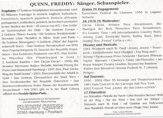 Autogramm Schlager | Freddy QUINN | 2000er (Portrait Color Winkler) Lebenslauf