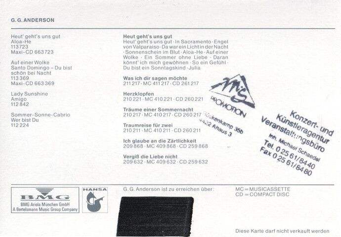 Autogramm Schlager | G. G. ANDERSON | 1990 "Heut Gehts Uns Gut" (Portrait Color BMG)