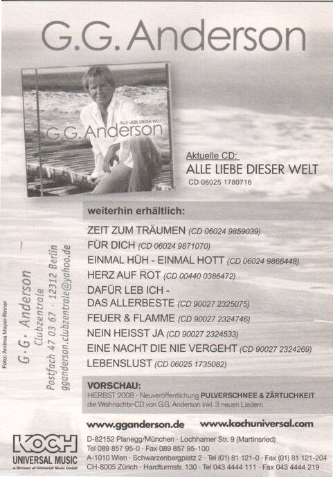 Autogramm Schlager | G. G. ANDERSON | 2008 "Alle Liebe Dieser Welt" (Portrait Color Koch)