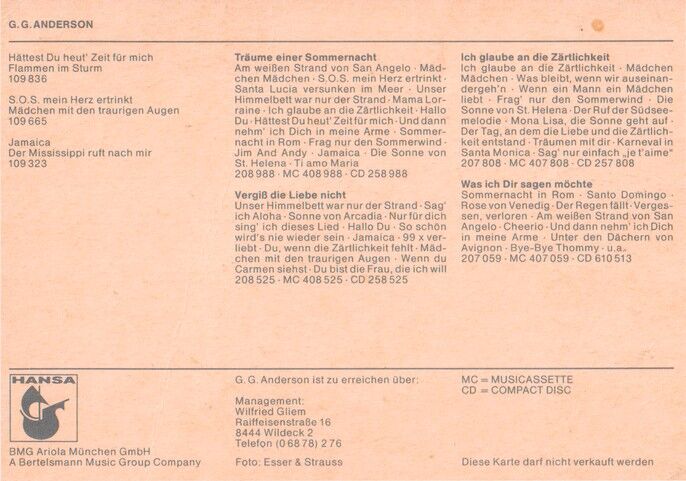 Autogramm Schlager | G. G. ANDERSON | 1988 "Hättest Du Heut Zeit" (Portrait Color Hansa)
