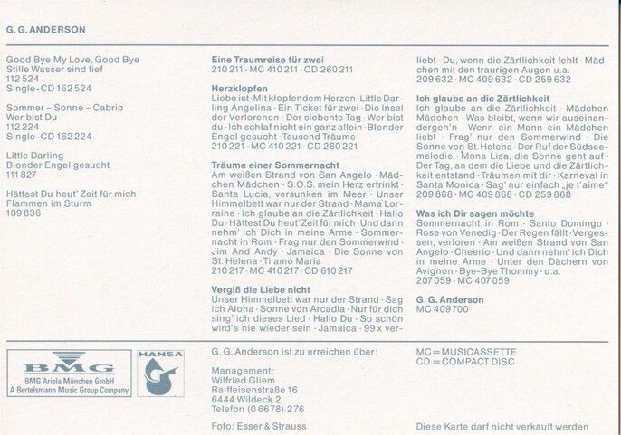Autogramm Schlager | G. G. ANDERSON | 1989 "Good Bye My Love" (Portrait SW BMG)