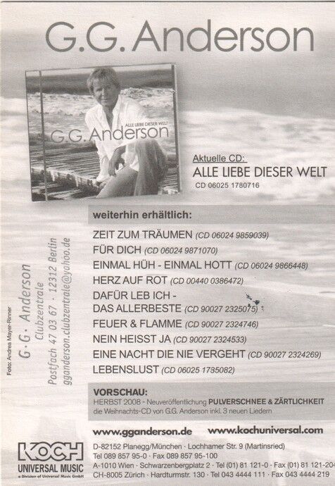 Autogramm Schlager | G. G. ANDERSON | 2008 "Alle Liebe Dieser Welt" (Portrait Color Koch)