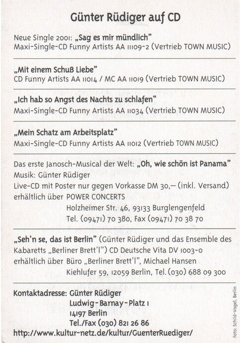 Autogramm Musik | Günter RÜDIGER | 2001 "Sag Es Mir Mündlich" (Portrait Color)