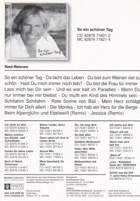 Autogramm Schlager | Hansi HINTERSEER | 2005 "So Ein Schöner Tag" (Portrait Color Sony)