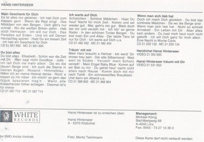 Autogramm Schlager | Hansi HINTERSEER | 1999 "Mein Geschenk Für Dich" (Portrait Color White)
