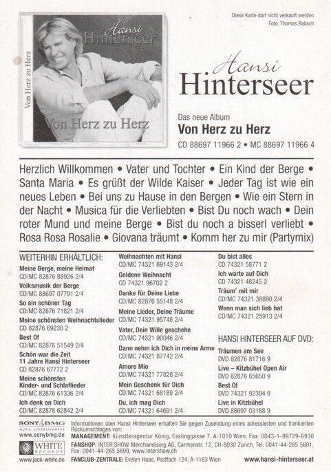 Autogramm Schlager | Hansi HINTERSEER | 2007 "Von Herz Zu Herz" (Portrait Color BMG)