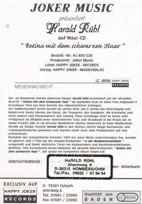 Autogramm Schlager | Harald RÜBL | 1990er "Bettina" (Portrait Color Joker)