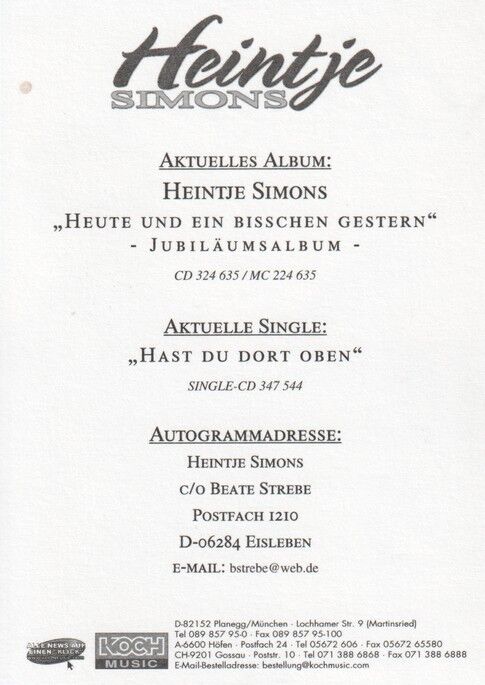 Autogramm Schlager | Heintje SIMONS | 2001 "Heute Und Ein Bisschen Gestern" (Portrait Color Koch)