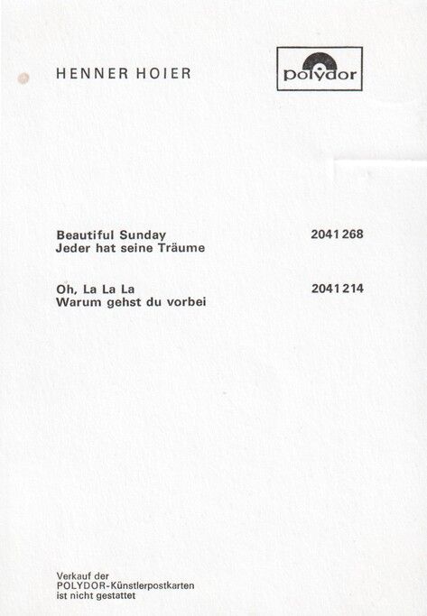 Autogramm Pop | Henner HOIER | 1972 "Beautiful Sunday" (Portrait SW Polydor)